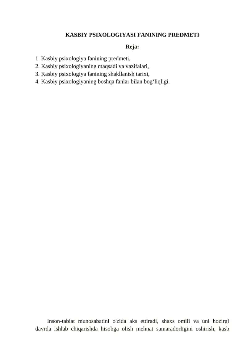 Kasbiy psixologiyasi fanining predmeti 1