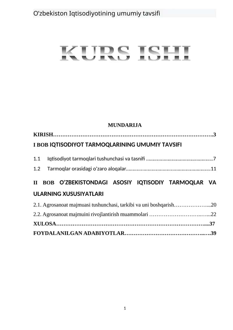 O’zbekiston Iqtisodiyotining umumiy tavsifi 1