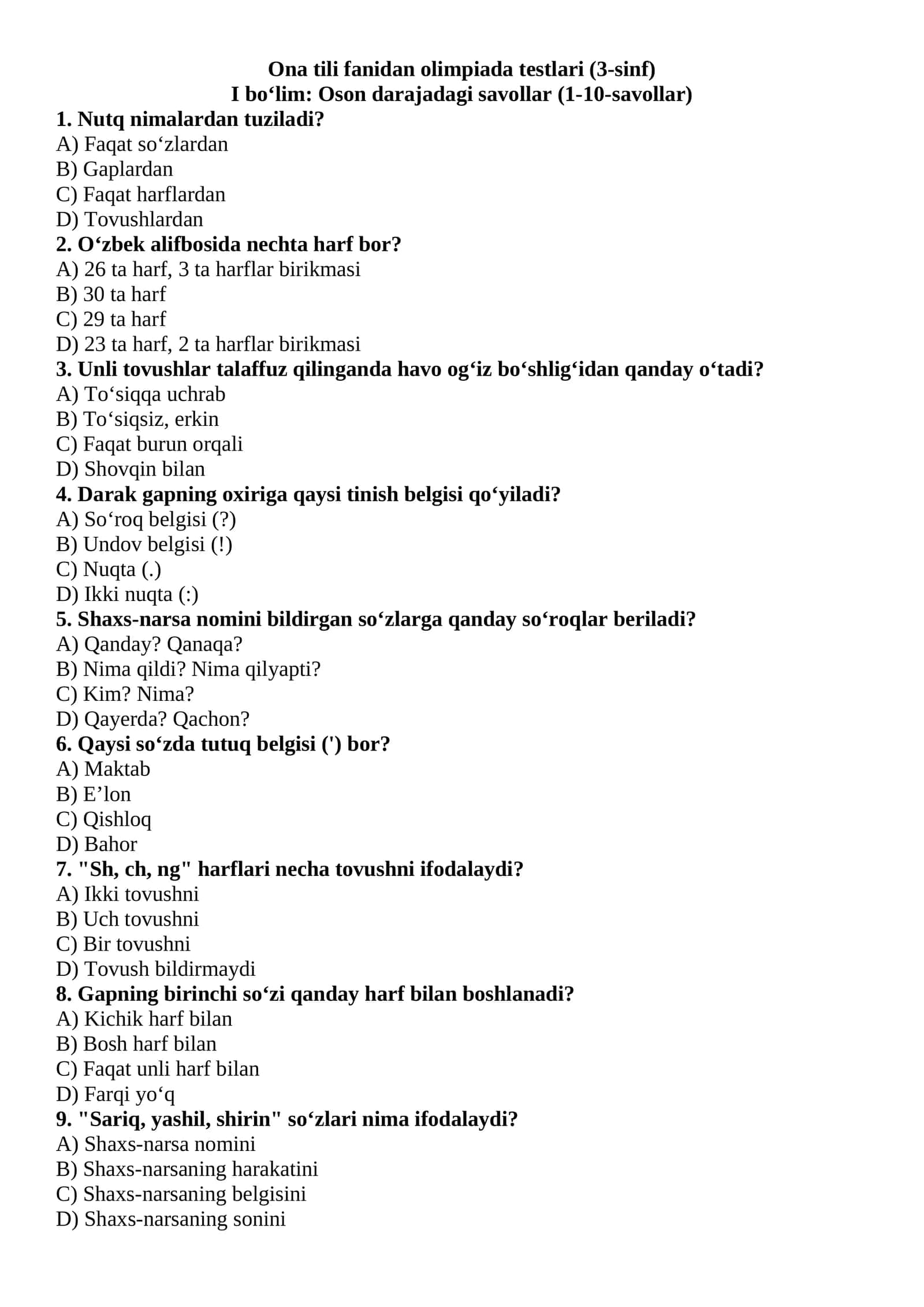 Ona tili fanidan olimpiada testlari (3-sinf) 1