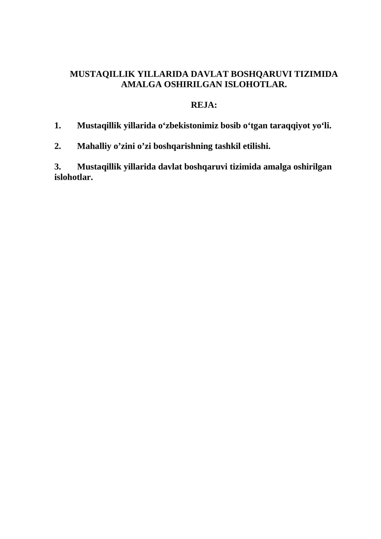 MUSTAQILLIK YILLARIDA DAVLAT BOSHQARUVI TIZIMIDA AMALGA OSHIRILGAN ISLOHOTLAR 1