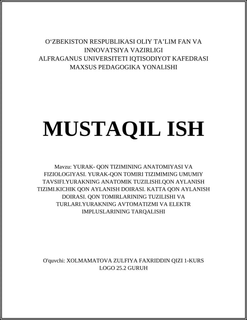 YURAK- QON TIZIMINING ANATOMIYASI VA FIZIOLOGIYASI 1