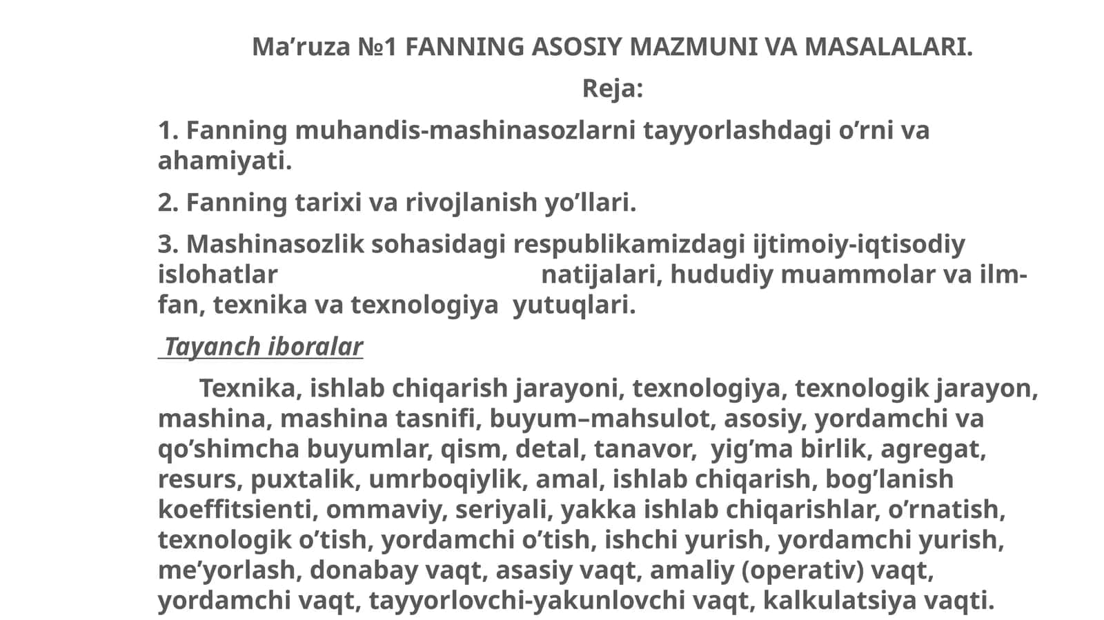 FANNING ASOSIY MAZMUNI VA MASALALARI 1