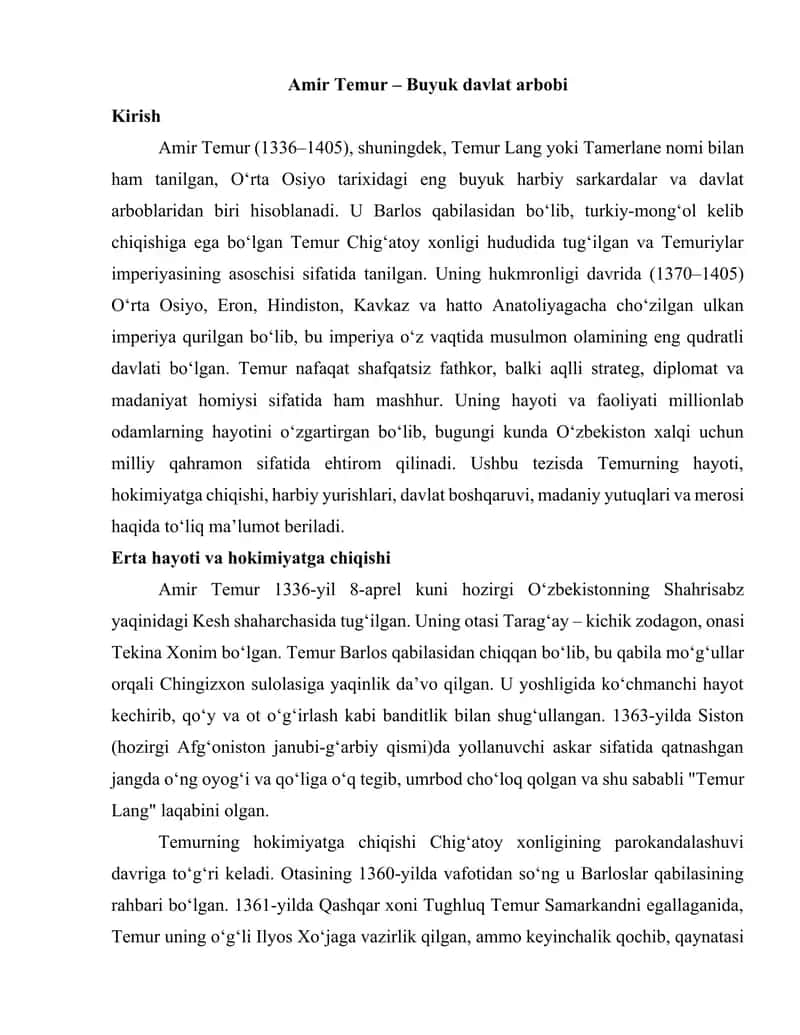 Amir Temur – Buyuk davlat arbobi tezis 1