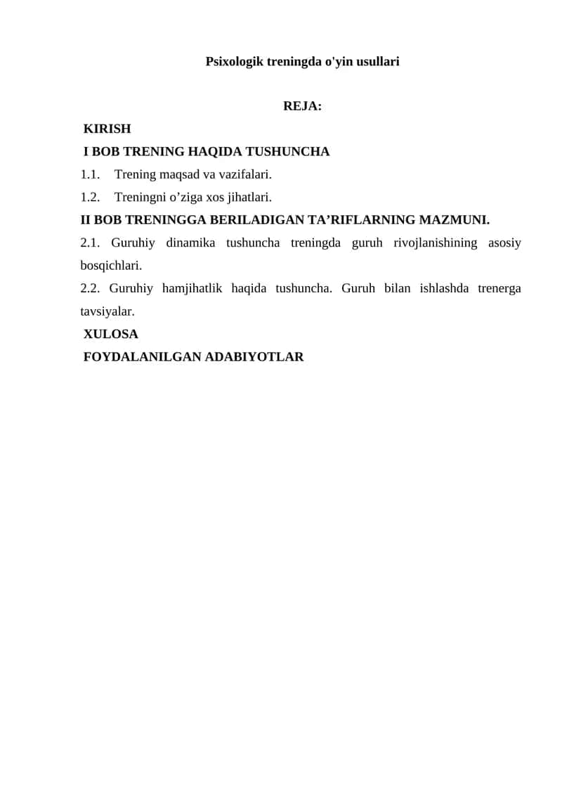 Psixologik treningda o'yin usullari 1