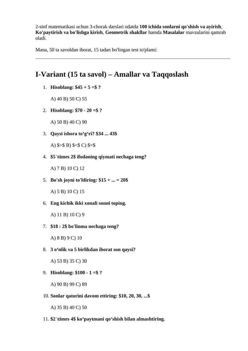 2-sinf matematikasi uchun 3-chorak darslari 1