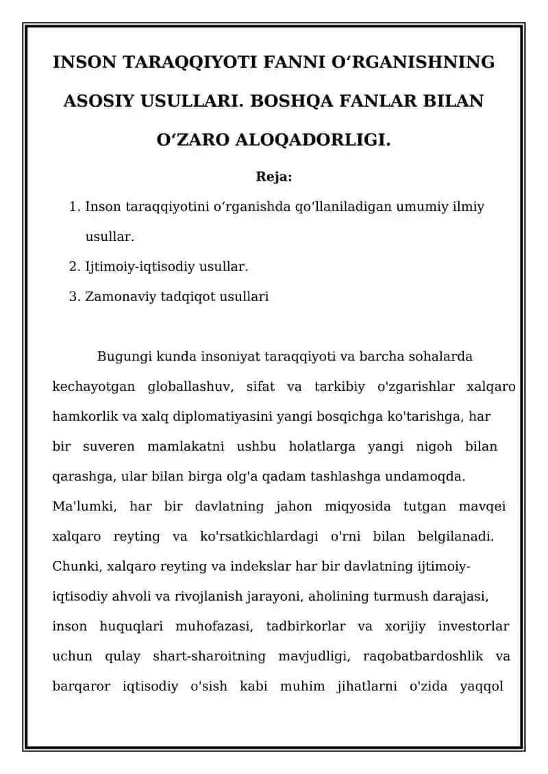 INSON TARAQQIYOTI FANNI O‘RGANISHNING ASOSIY USULLARI