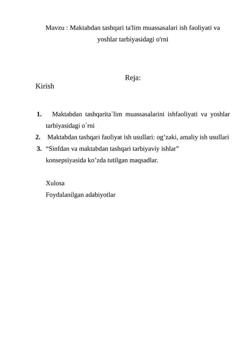 Maktabdan tashqari ta'lim muassasalari ish faoliyati va yoshlar tarbiyasidagi o'rni