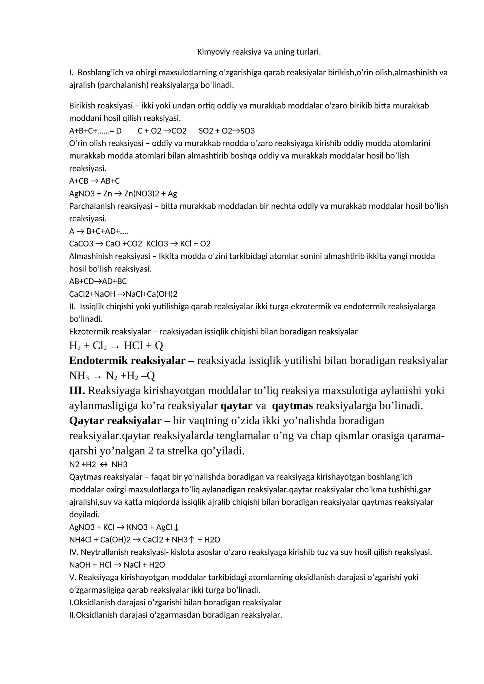 Kimyoviy reaksiya va uning turlari 1