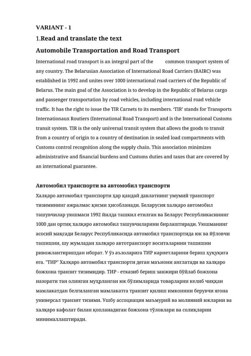 Automobile Transportation and Road Transport 1