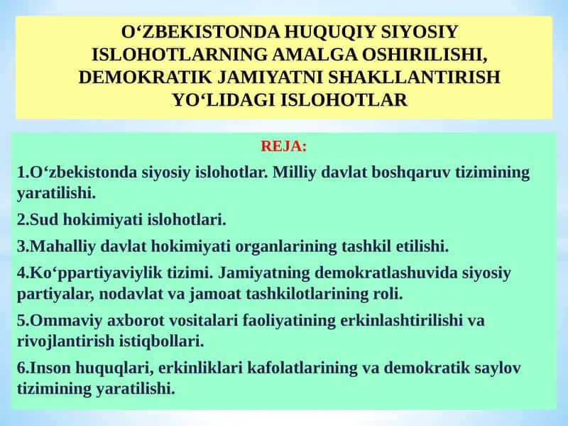 O‘zbekistonda Huquqiy Siyosiy Islohotlar 1