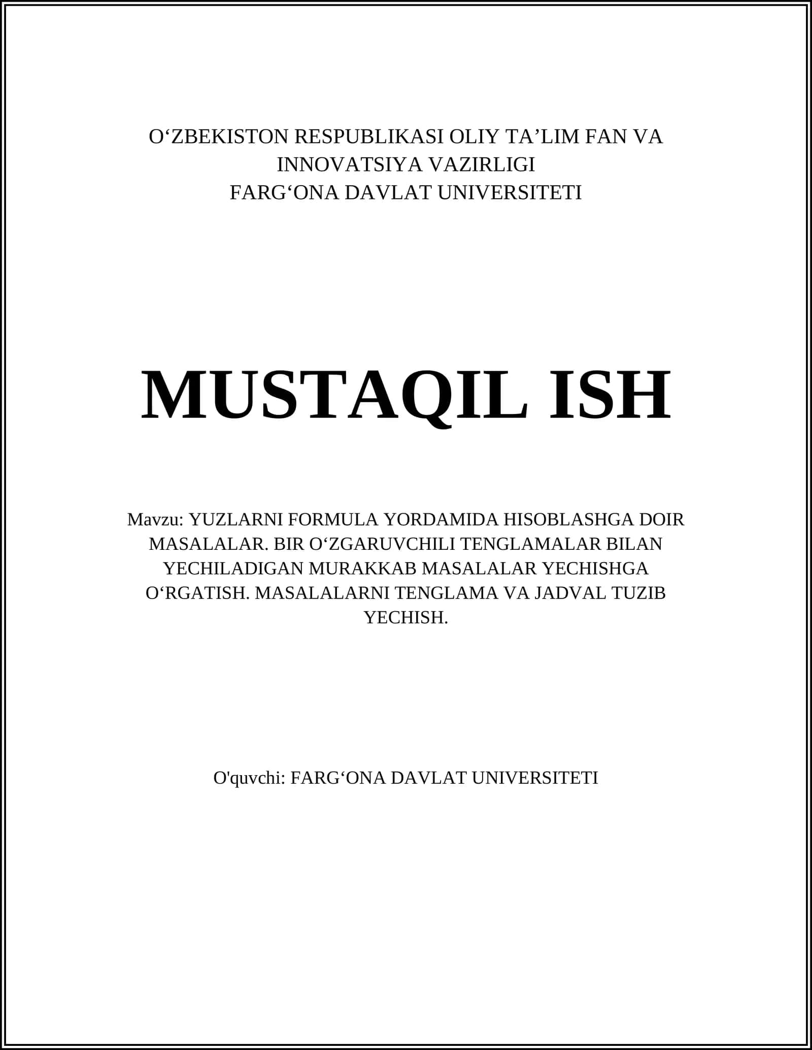 Yuzlarni formula yordamida hisoblashga oid masalalar 1