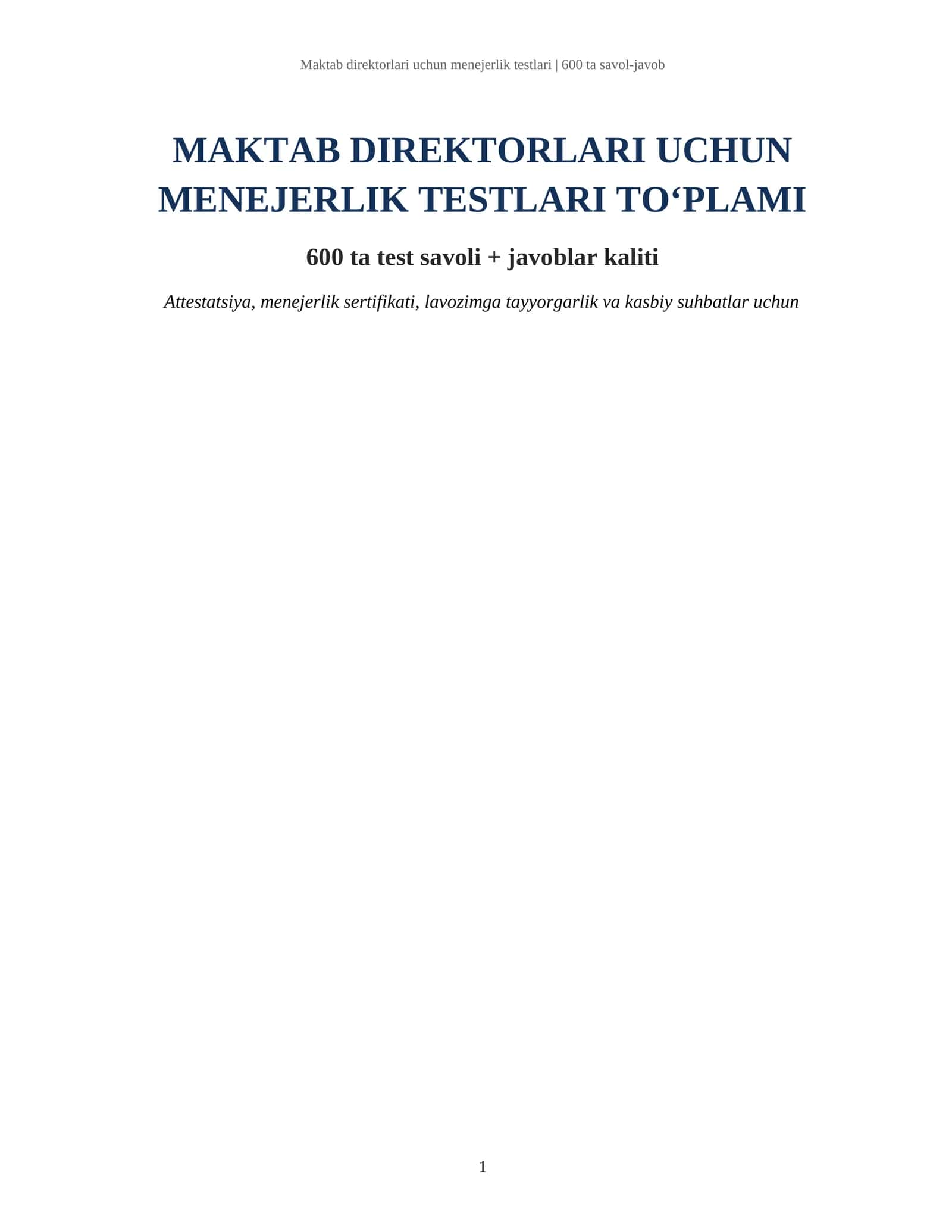 Maktab direktorlari uchun menejerlik testlari | 600 ta savol-javob 1