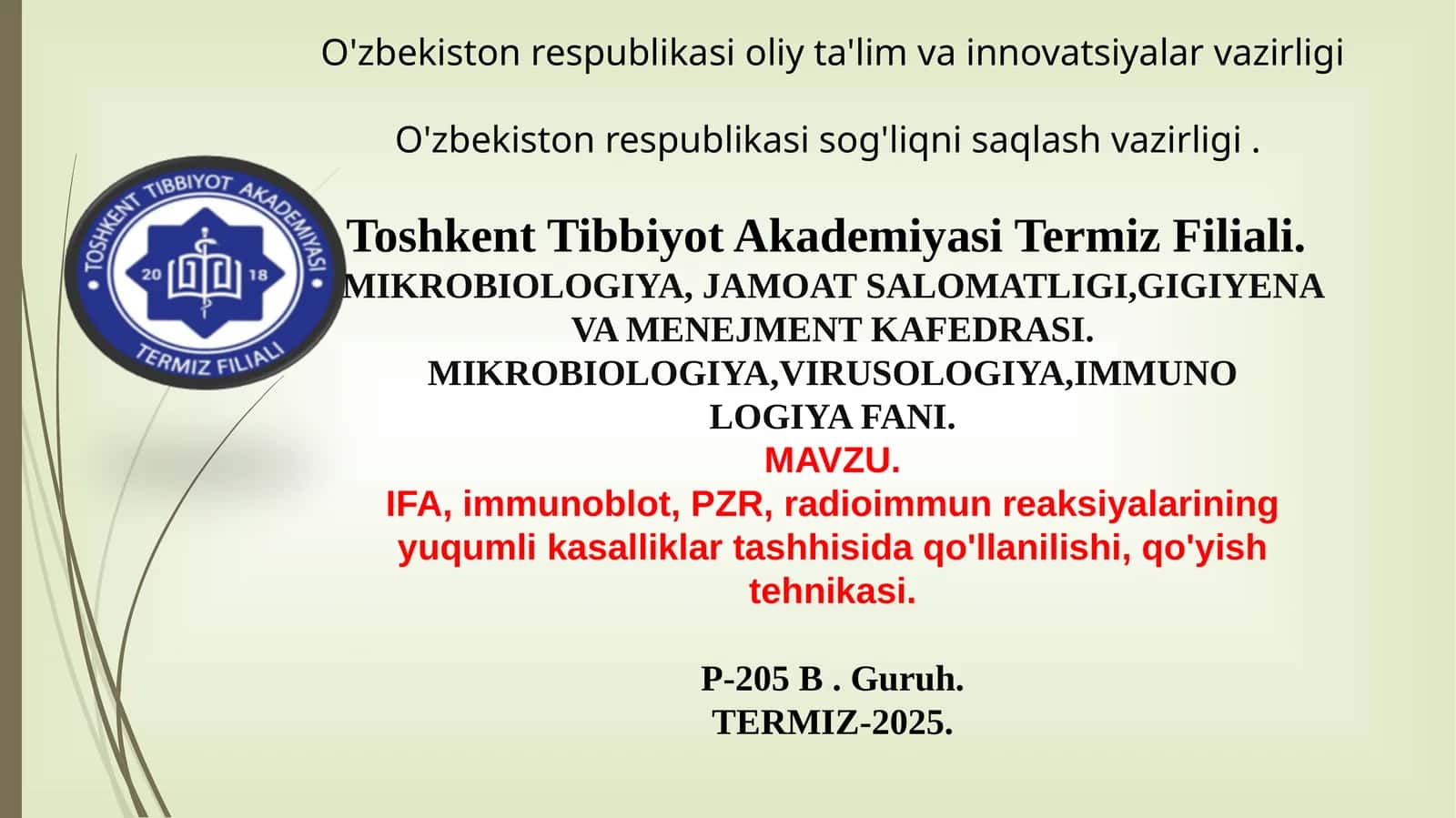 MIKROBIOLOGIYA, JAMOAT SALOMATLIGI, GIGIYENA VA MENEJMENT KAFEDRASI 1