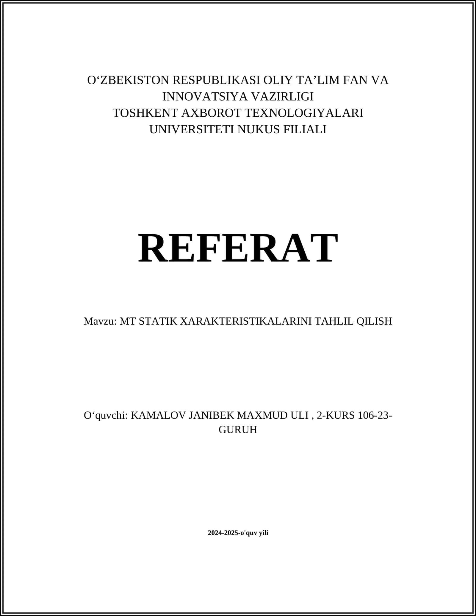 MT STATIK XARAKTERISTIKALARINI TAHLIL QILISH 1