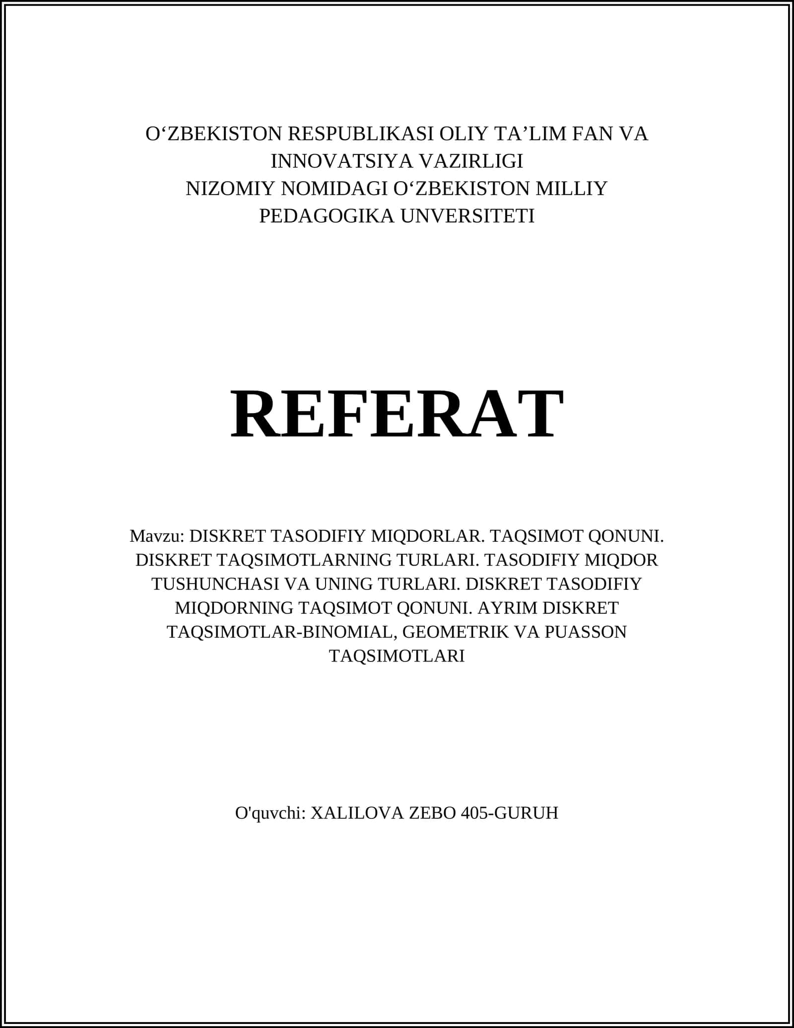 DISKRET TASODIFIY MIQDORLAR. TAQSIMOT QONUNI. DISKRET TAQSIMOTLARNING TURLARI. TASODIFIY MIQDOR TUSHUNCHASI VA UNING TURLARI. DISKRET TASODIFIY MIQDORNING TAQSIMOT QONUNI. AYRIM DISKRET TAQSIMOTLAR-BINOMIAL, GEOMETRIK VA PUASSON TAQSIMOTLARI 1