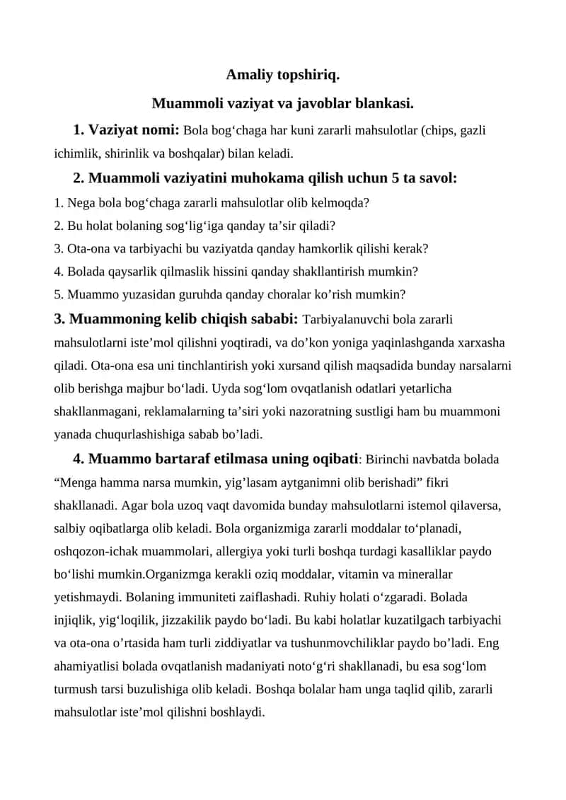 Muammoli vaziyat va javoblar blankasi. 1