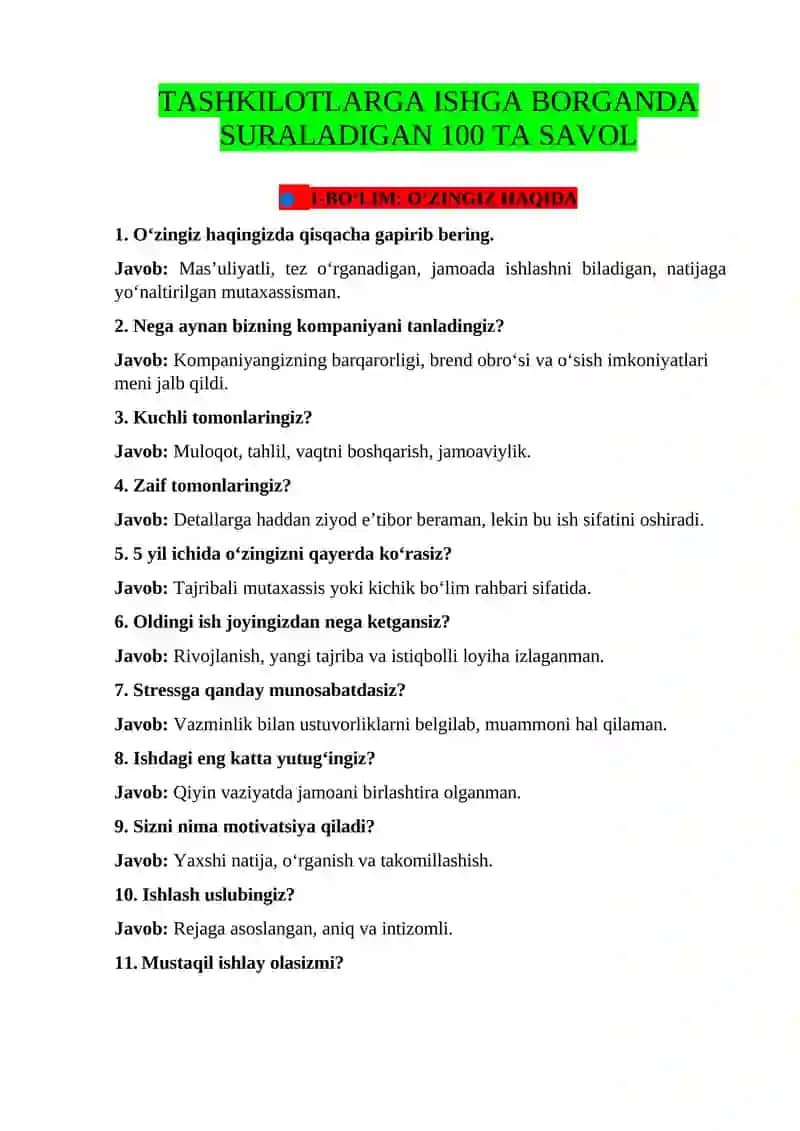 Tashkilotlarga Ishga Borganda Suraladigan 100 Ta Savol