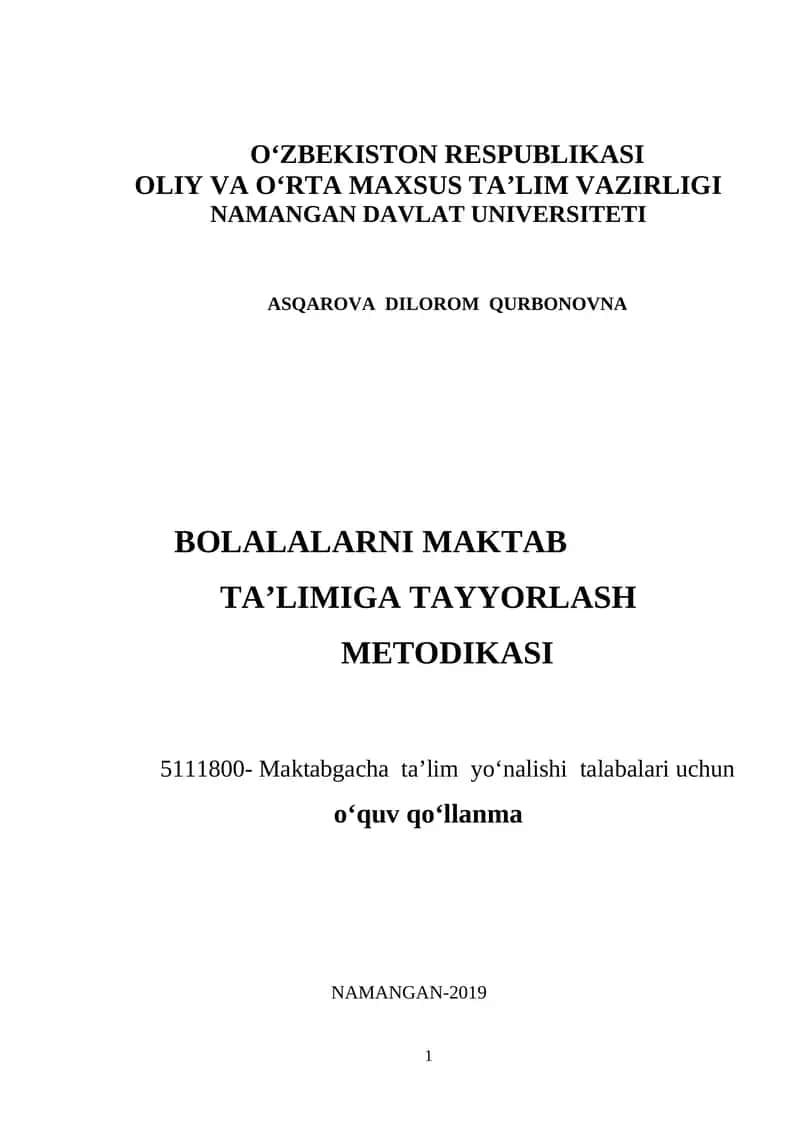 BOLALARNI MAKTAB TA’LIMIGA TAYYORLASH METODIKASI 1