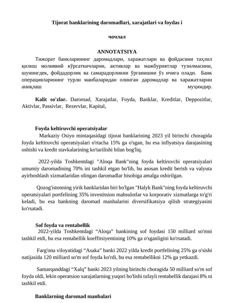 Tijorat banklarining daromadlari, xarajatlari va foydasini tahlil qilish 1