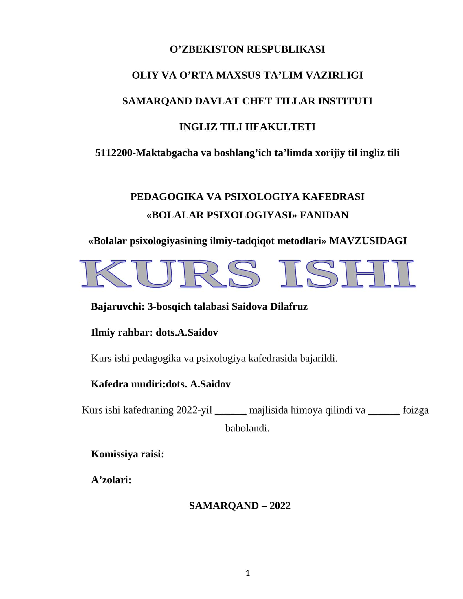 «Bolalar psixologiyasining ilmiy-tadqiqot metodlari» KURS ISHI 1