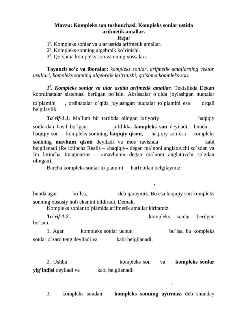 Kompleks sonlar va ular ustida arifmetik amallar 1
