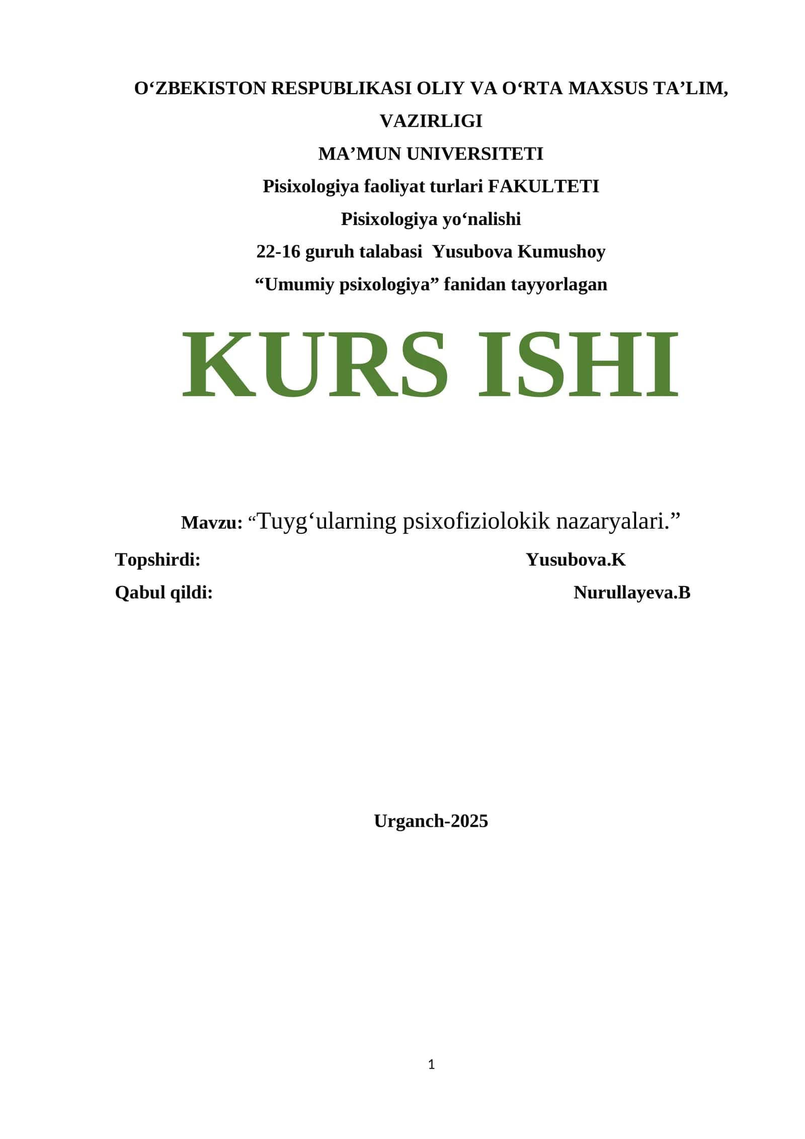 Umumiy psixologiya fanidan tayyorlagan KURS ISHI 1