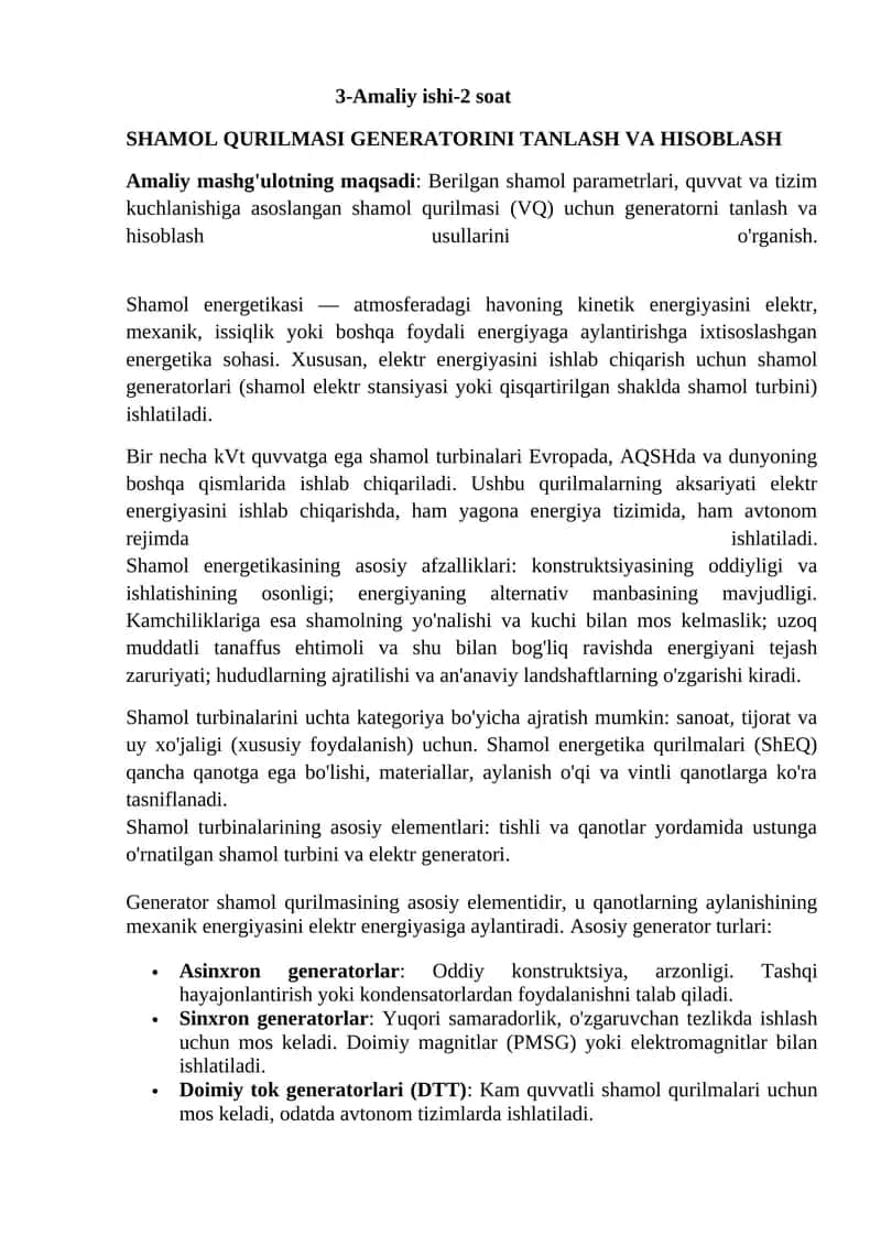 SHAMOL QURILMASI GENERATORINI TANLASH VA HISOBLASH 1