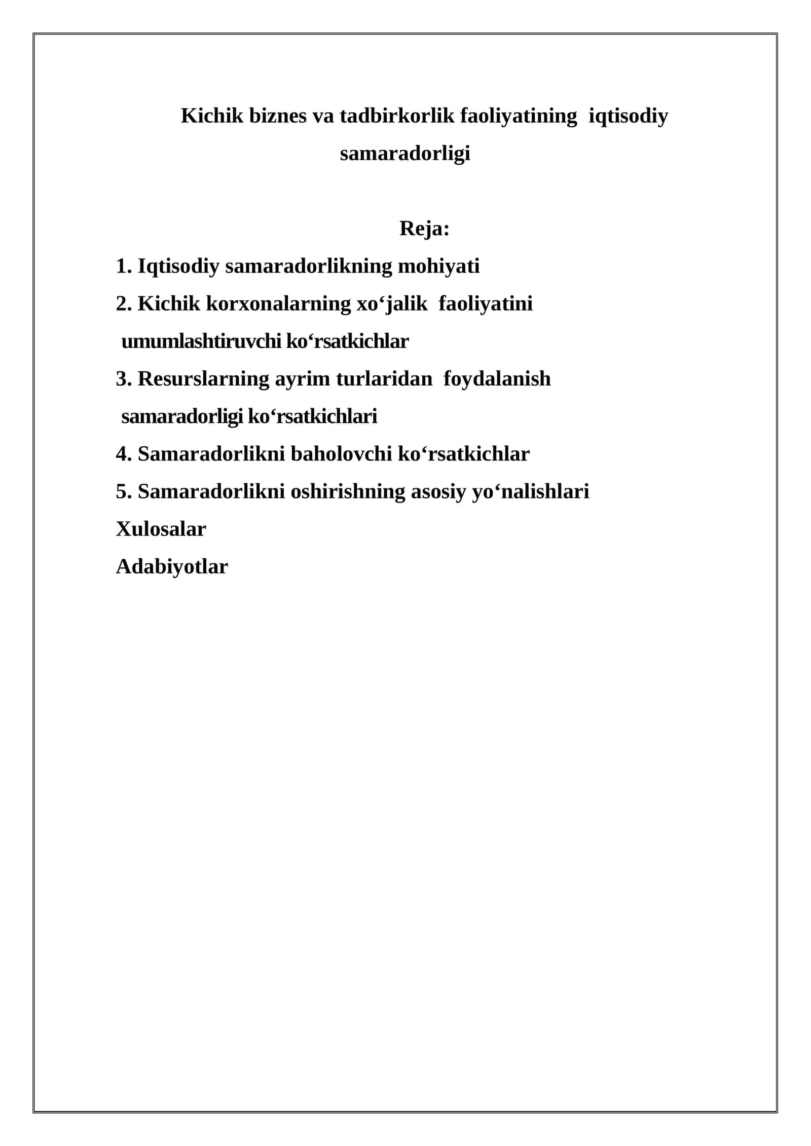 Kichik biznes va tadbirkorlik faoliyatining iqtisodiy samaradorligi 1