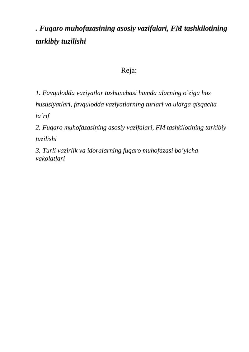 . Fuqaro muhofazasining asosiy vazifalari, FM tashkilotining tarkibiy tuzilishi 1