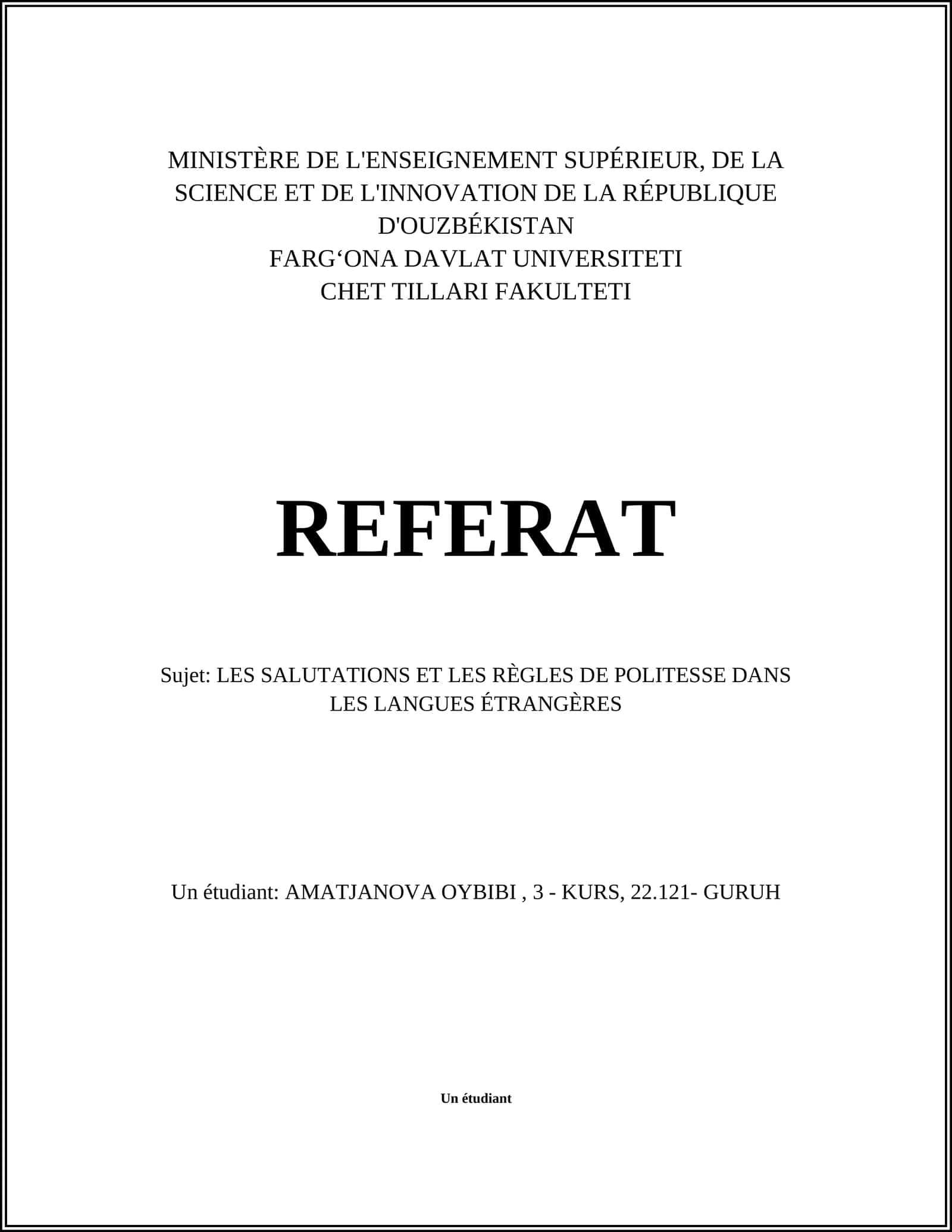 REFERAT - LES SALUTATIONS ET LES RÈGLES DE POLITESSE DANS LES LANGUES ÉTRANGÈRES 1
