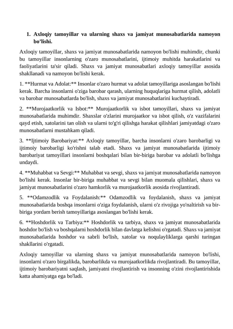 Axloqiy tamoyillar va ularning shaxs va jamiyat munosabatlarida namoyon bo’lishi 1