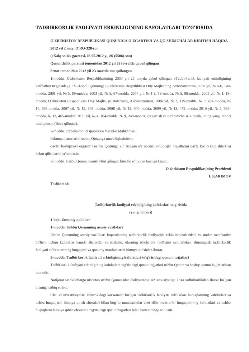 Tadbirkorlik faoliyati erkinligining kafolatlari to'g'risida 1
