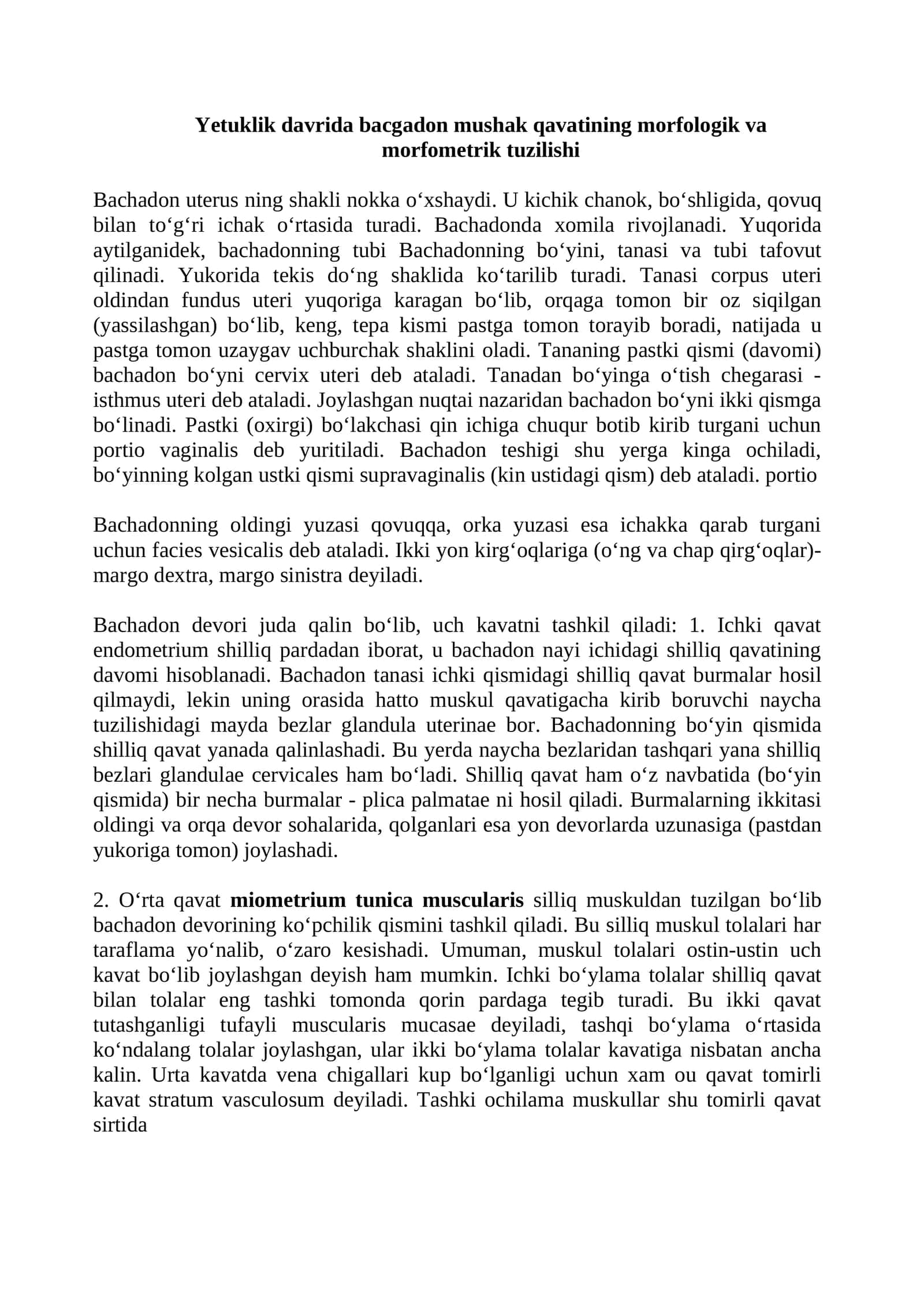 Yetuklik davrida bacgadon mushak qavatining morfologik va morfometrik tuzilishi 1