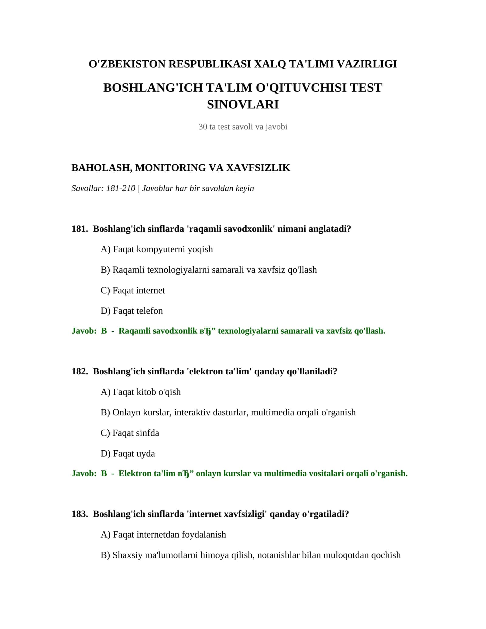 Boslang'ich ta'lim o'qituvchisi test sinovlari 1