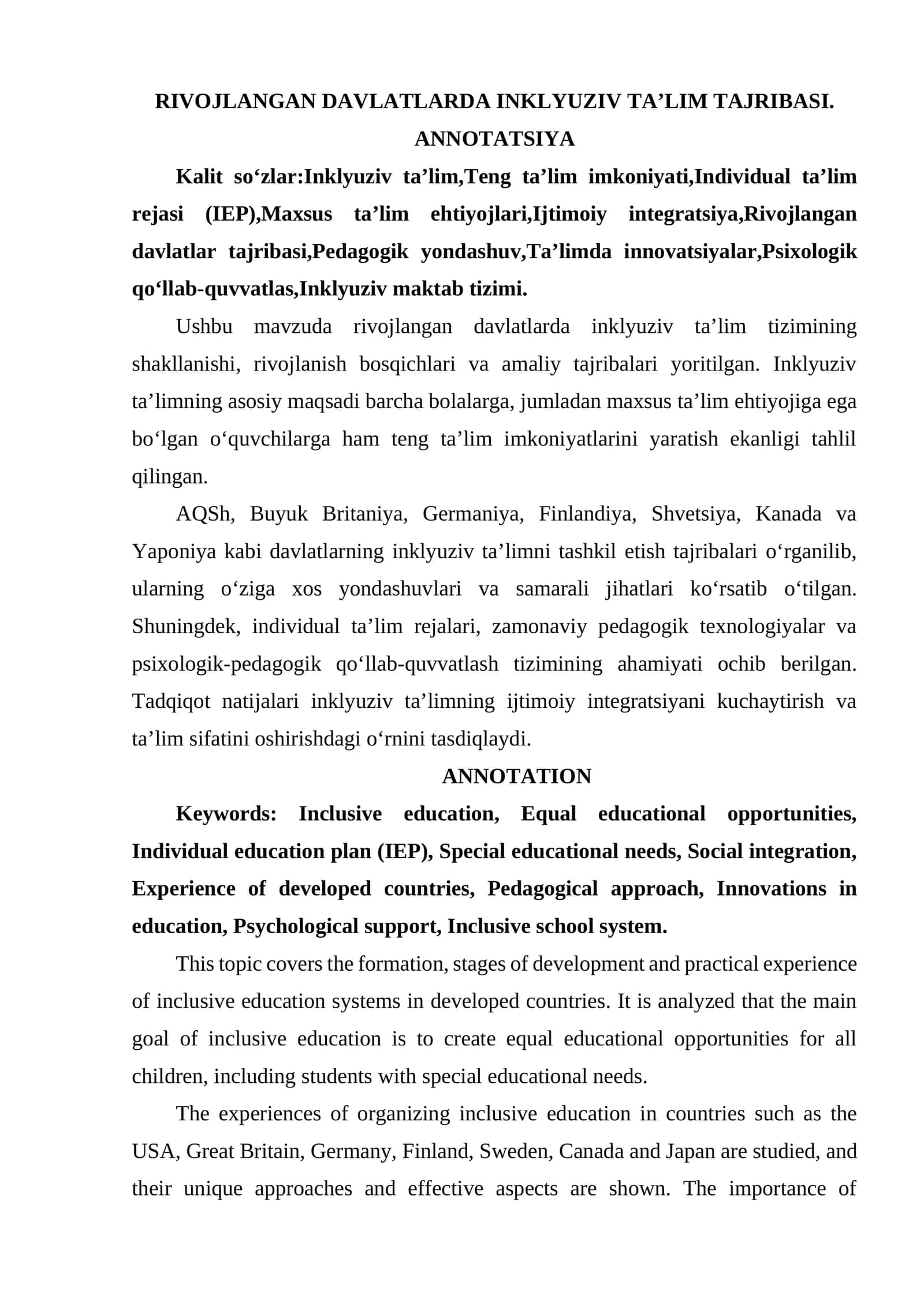 RIVOJLANGAN DAVLATLARDA INKLYUZIV TA’LIM TAJRIBASI. 1