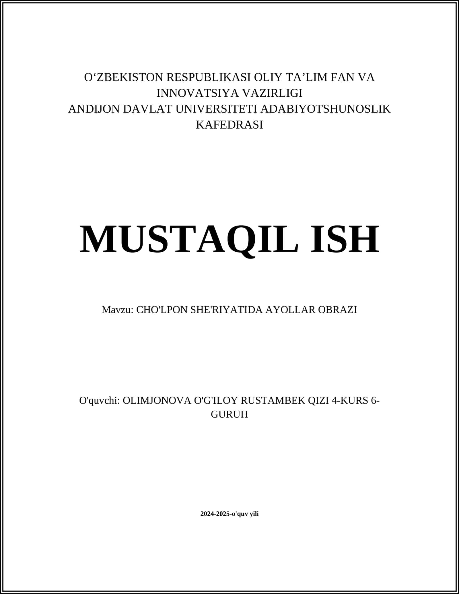 CHO'LPON SHE'RIYATIDA AYOLLAR OBRAZI 1