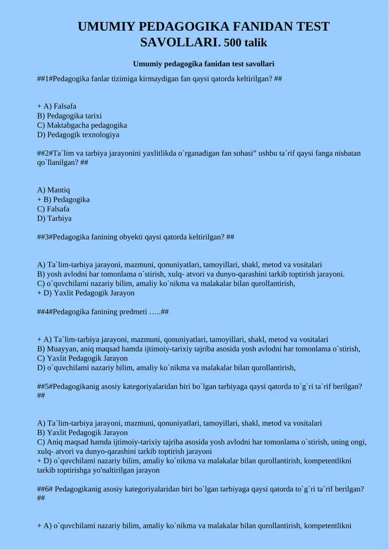 UMUMIY PEDAGOGIKA FANIDAN TEST SAVOLLARI 1