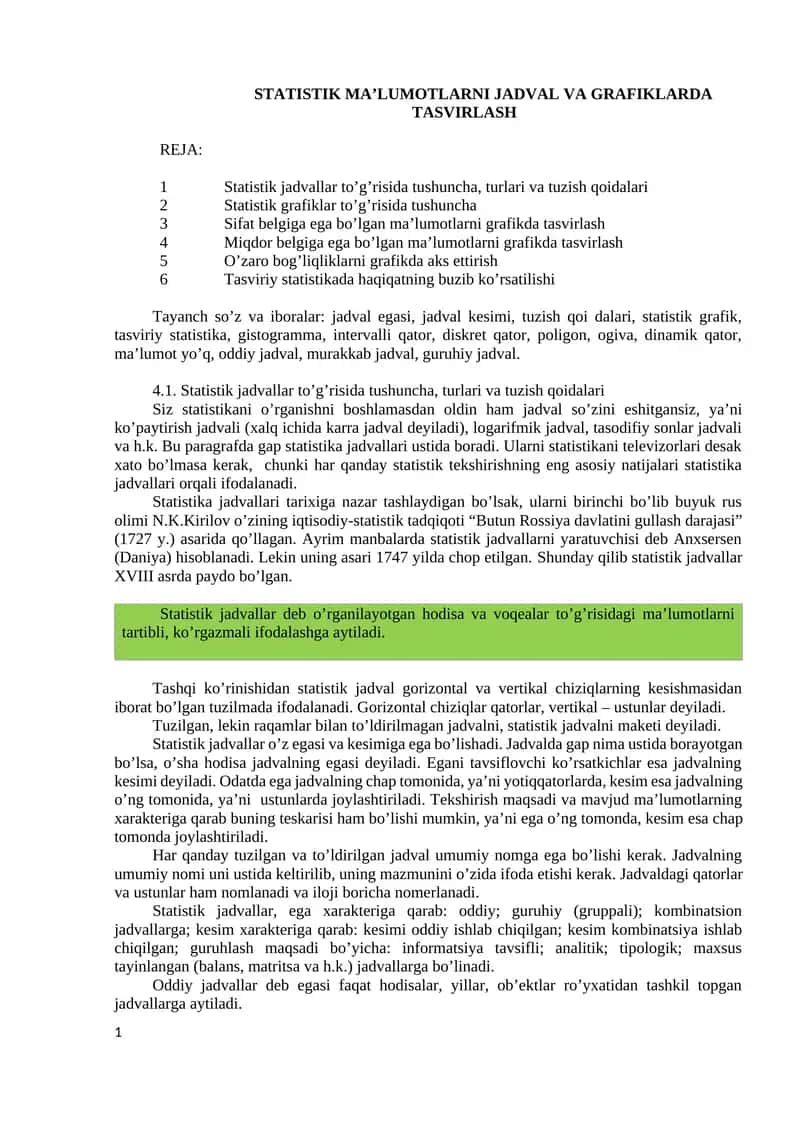STATISTIK MA’LUMOTLARNI JADVAL VA GRAFIKLARDA TASVIRLASH 1