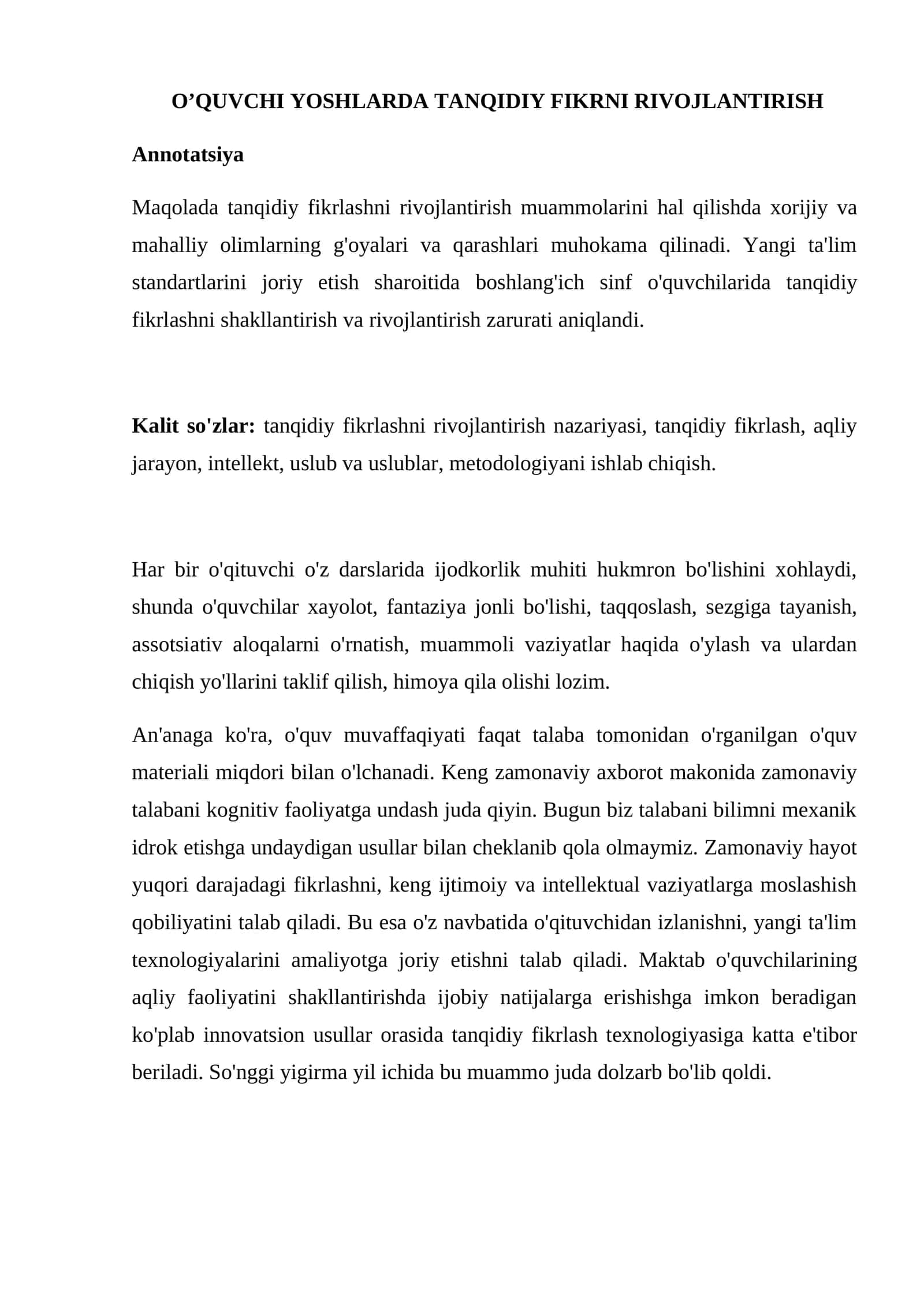 O’QUVCHI YOSHLARDA TANQIDIY FIKRNI RIVOJLANTIRISH 1