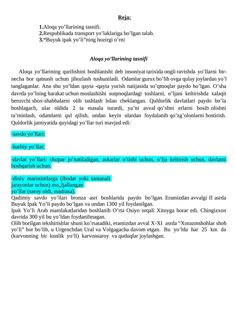 Aloqa yo’llarining tasnifi 1