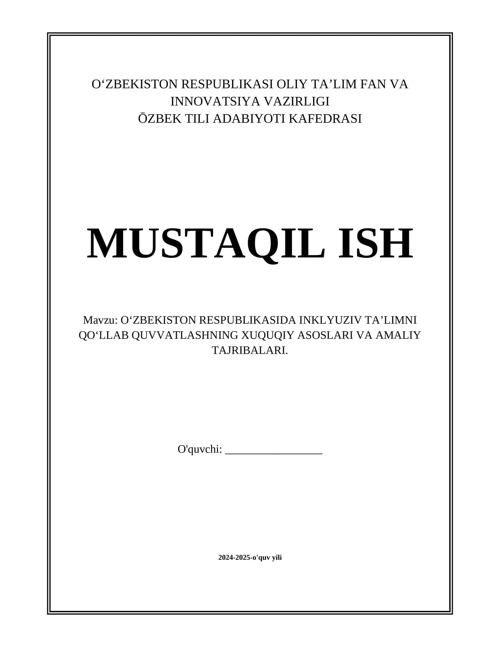 OʻZBEKISTON RESPUBLIKASIDA INKLYUZIV TAʼLIMNI QOʻLLAB QUVVATLASHNING XUQUQIY ASOSLARI VA AMALIY TAJRIBALARI. 1