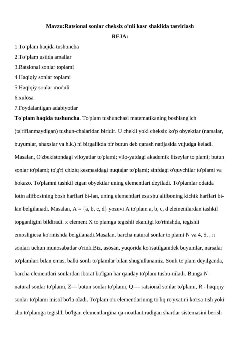 Ratsional sonlar cheksiz o’nli kasr shaklida tasvirlash 1