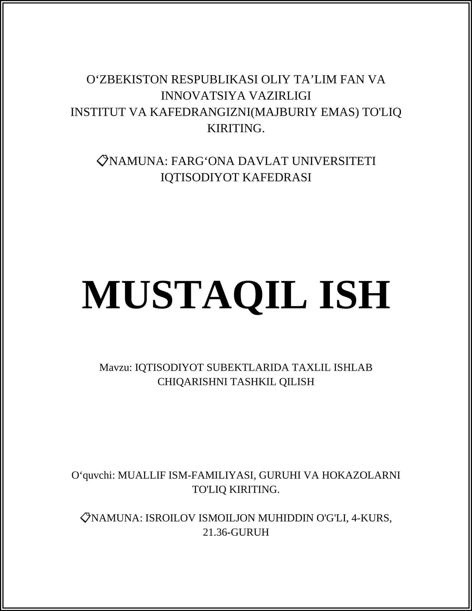 IQTISODIYOT SUBEKTLARIDA TAXLIL ISHLAB CHIQARISHNI TASHKIL QILISH 1