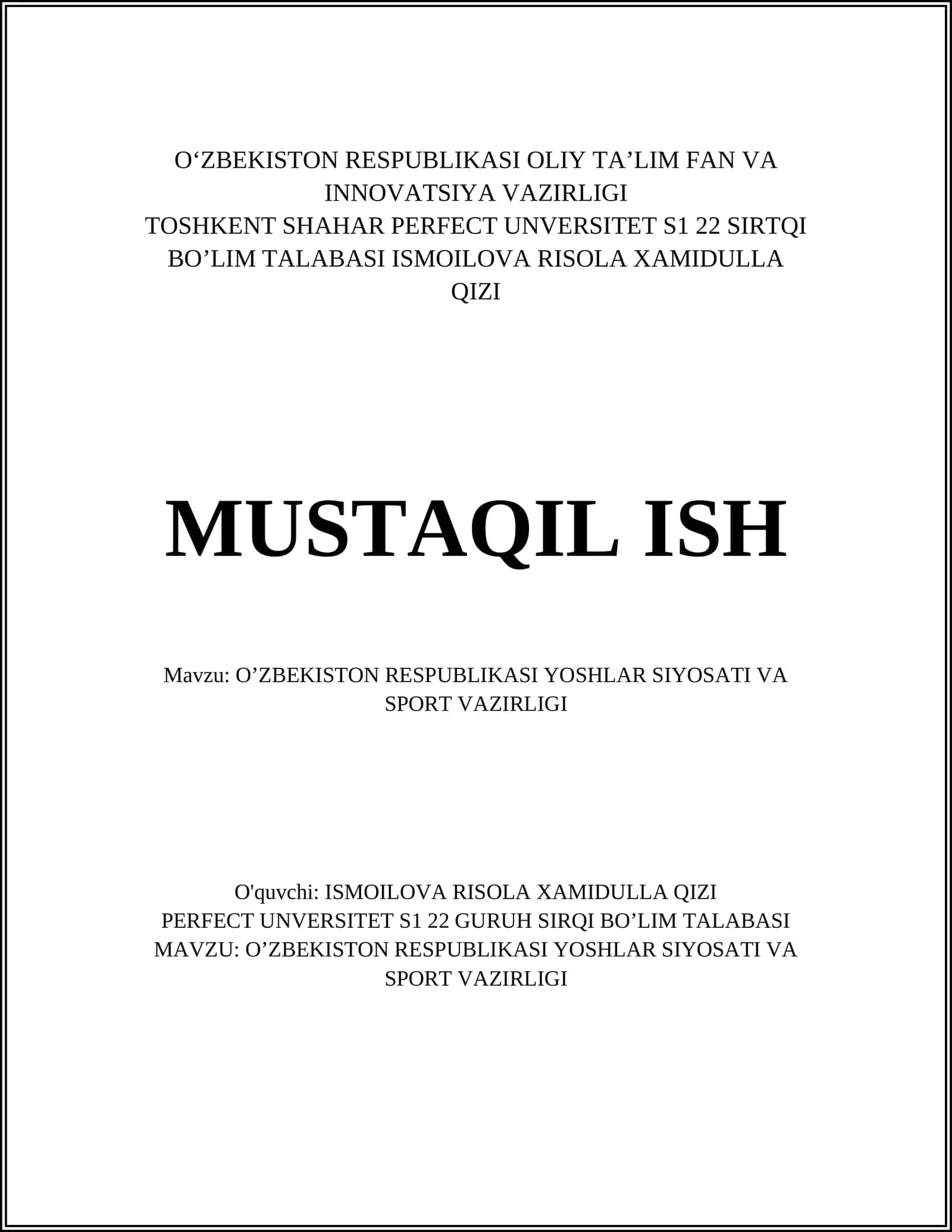 O'ZBEKISTON RESPUBLIKASI YOSHLAR SIYOSATI VA SPORT VAZIRLIGI 1