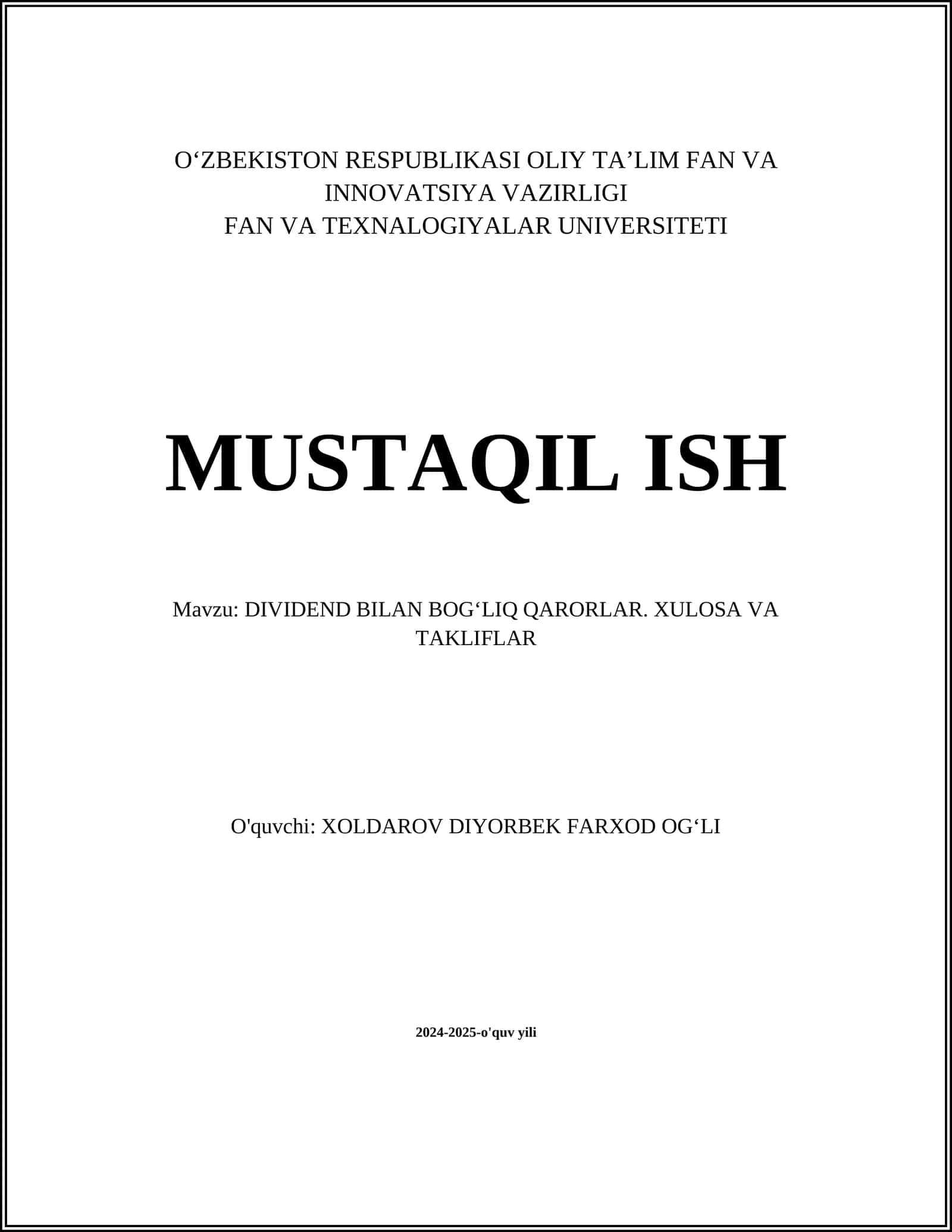 DIVIDEND BILAN BOGʻLIQ QARORLAR. XULOSA VA TAKLIFLAR 1