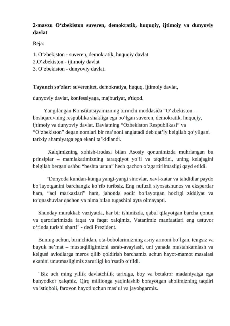O‘zbekiston suveren, demokratik, huquqiy, ijtimoiy va dunyoviy davlat 1