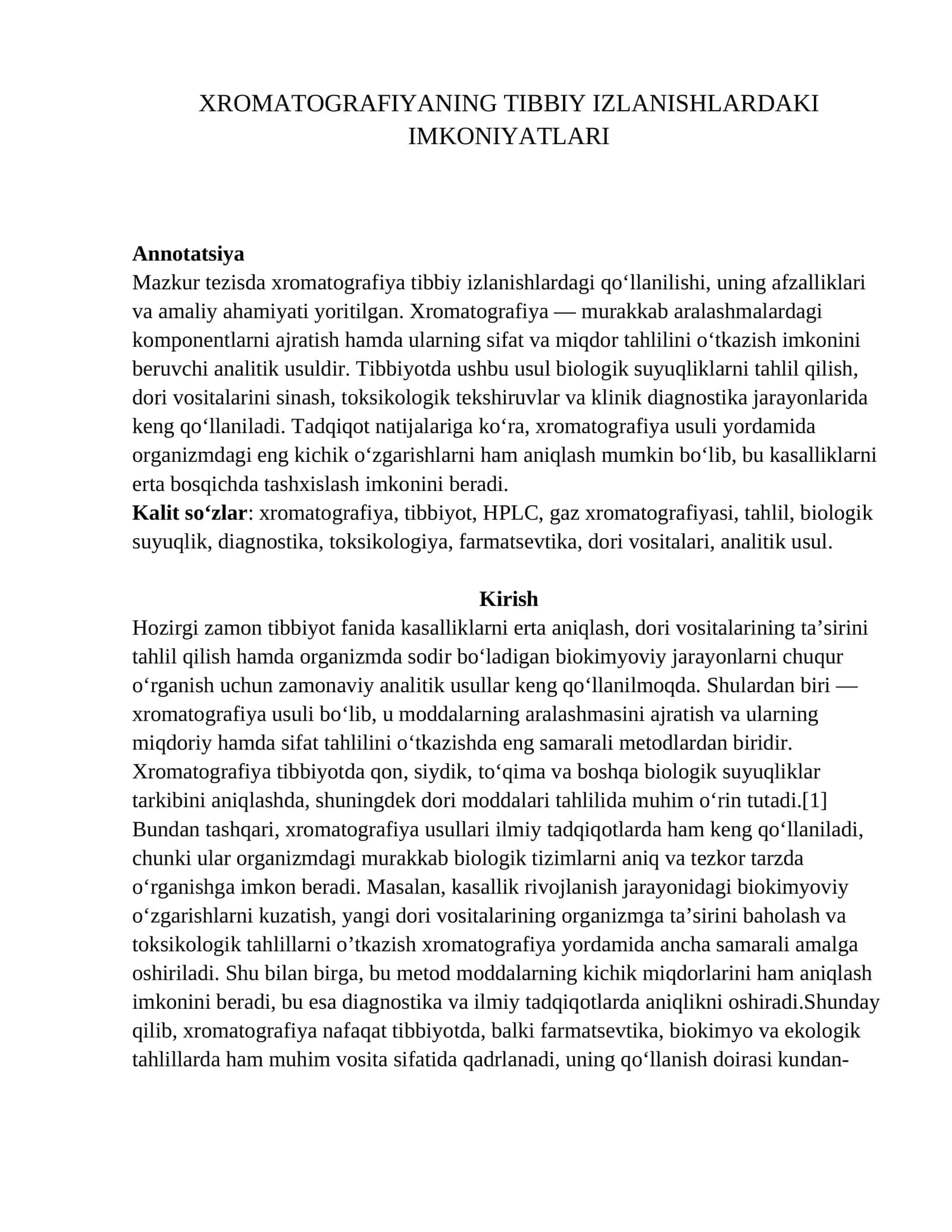 Xramatografiyaning Tibbiy Izlanishlardagi Imkoniyatlari 1