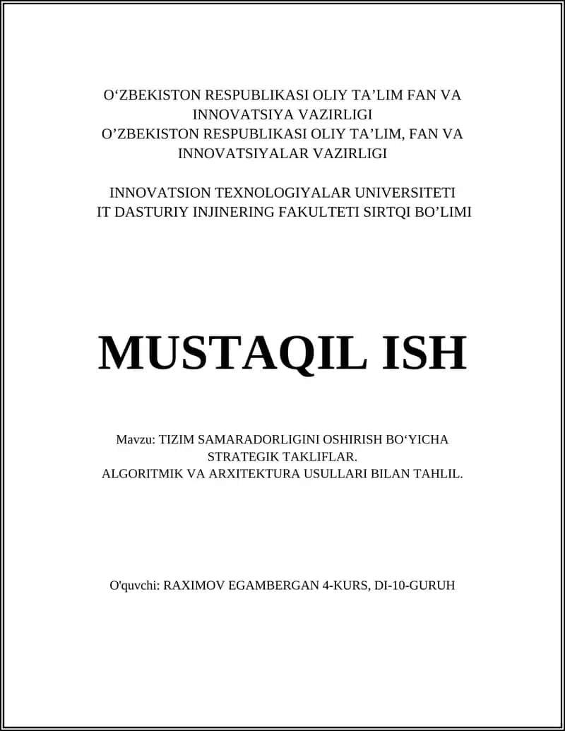 TIZIM SAMARADORLIGINI OSHIRISH BO‘YICHA STRATEGIK TAKLIFLAR 1