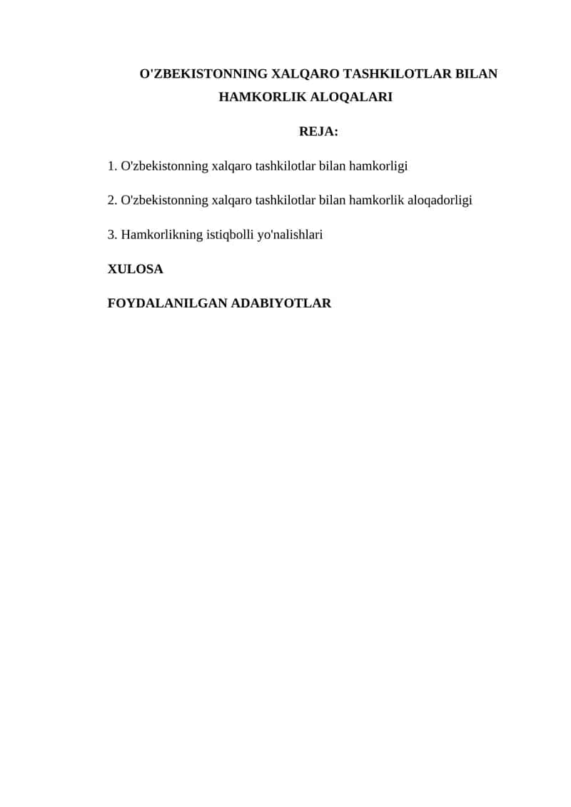 O'zbekistonning xalqaro tashkiyotlar bilan hamkorlik aloqalari 1
