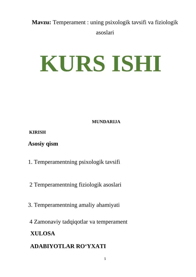 Temperament: uning psixologik tavsifi va fiziologik asoslari 1